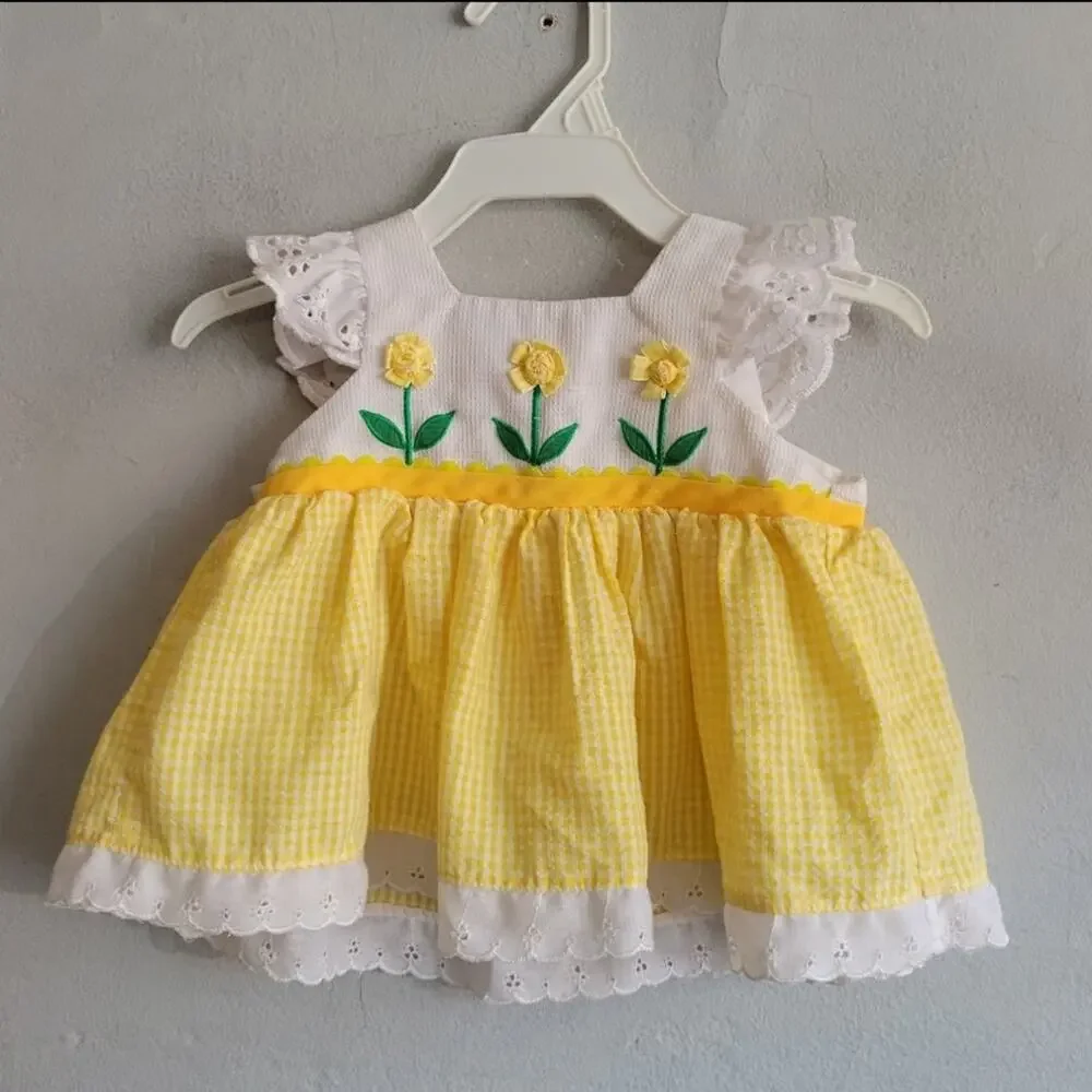 Vintage 1980s baby girl's 3-6 months Little Bitty dress yellow gingham w/flowers